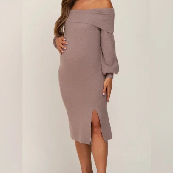 Mocha Off Shoulder Maternity Sweater Dress Large